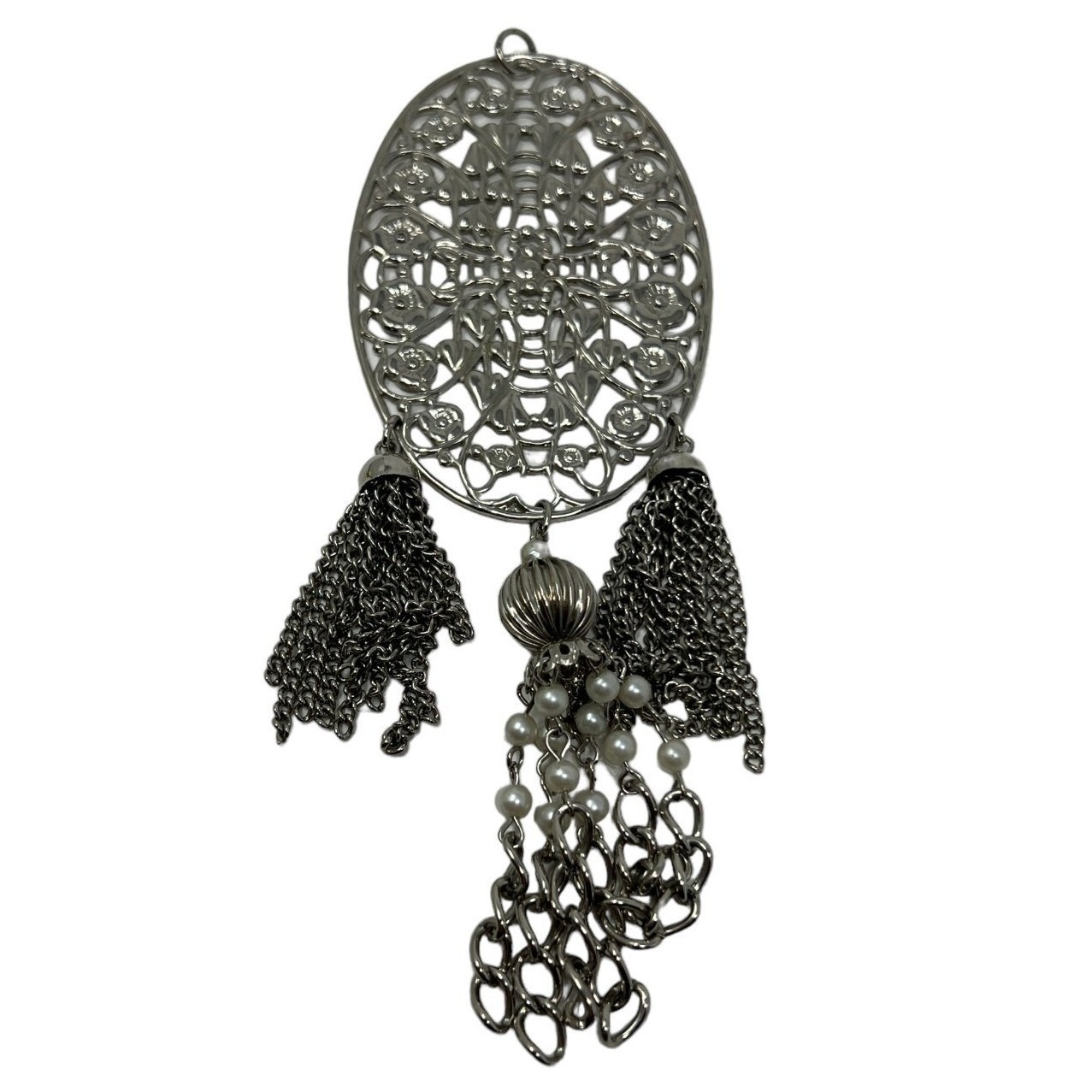 Boho Silver Tone Pendant Open Metalwork Tassels With Faux Pearls